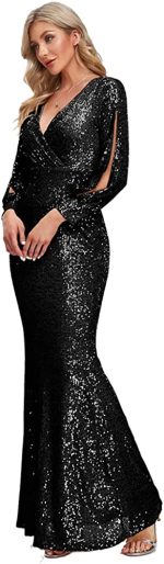 MOOSSIS Women Sequin Fishtail V Neck Maxi Bodycon Black Dress with Long & Open Sleeves BL0004R-002 - Image 7